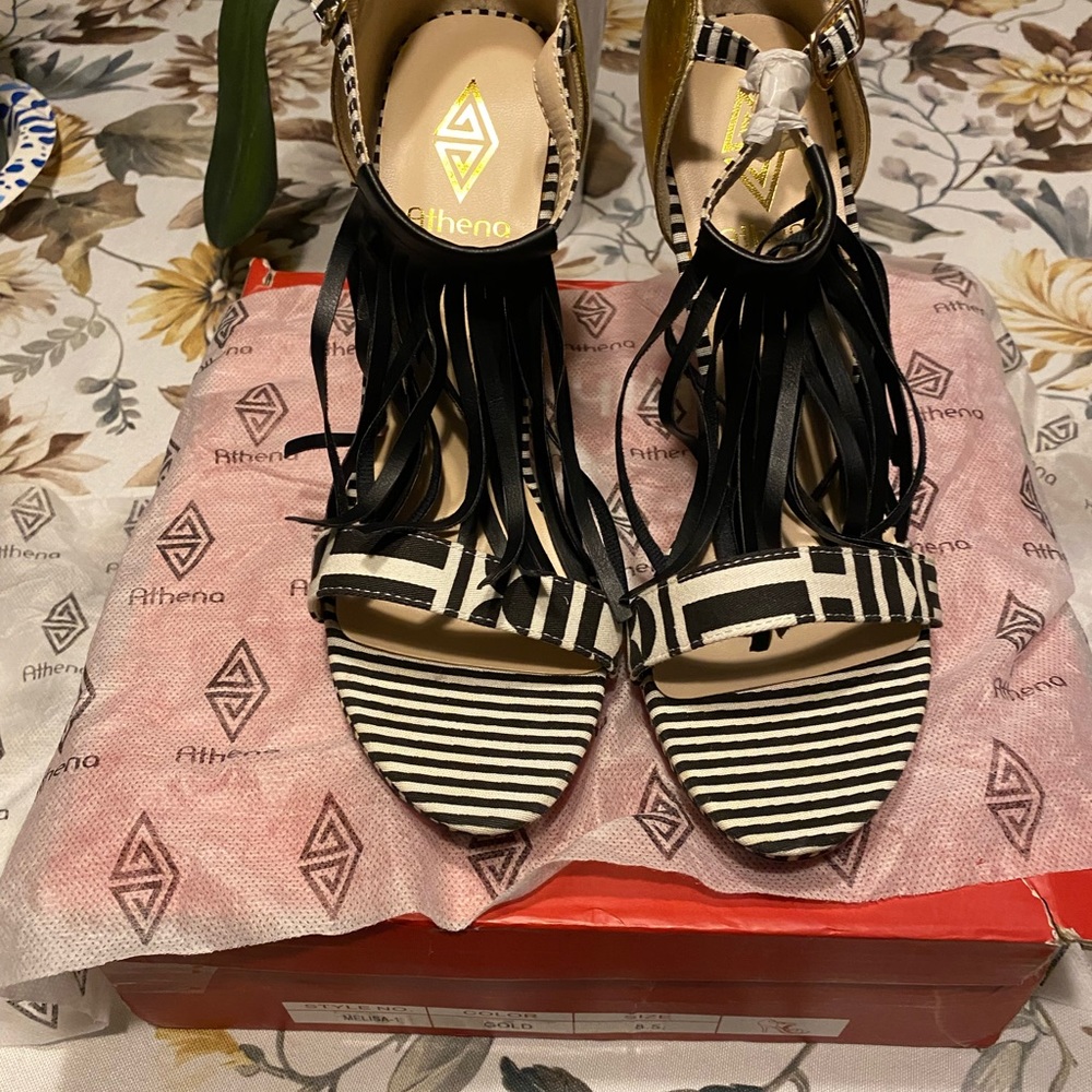 Athena Black and White Fringe Sandals
